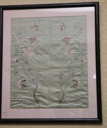 Beautiful Vintage Chinese Hand Embroidered Floral And Butterfly Scene On Silk In Black Lacquered Frame