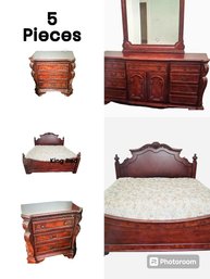 Traditional, 5-piece Mahogany Bedroom Set- King Size Bed, Dresser With  Mirror, Armoire, Pair Of Nightstands.