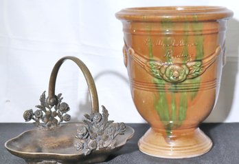 French Style Mustard Color Glazed Planter And Italian Brass Candy Dish.