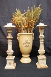 Pair Of White Painted Iron Candlesticks In A Classical Column Design And French Mustard Color Urn.