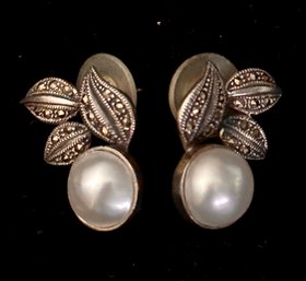 Sterling Silver Pair Of Mobe Pearl And Marcasite Leaf Earrings