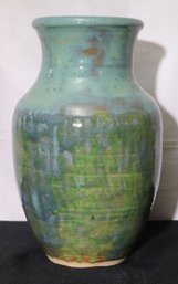Modern Hand Thrown Glazed Ceramic Vase In Beautiful Shades Of Turquoise Green.