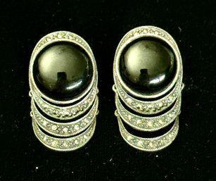 Sterling Silver Pair Of Onyx And Marcasite Earrings
