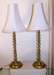 Pair Of Brass Barley Twist Candlestick Table Lamps With White Fabric Shades
