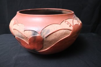 Large Decorated Clay Pottery Bowl Signed Avello.