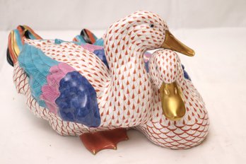 Herend Porcelain Large Loving Duck Pair In Orange Fishnet Design