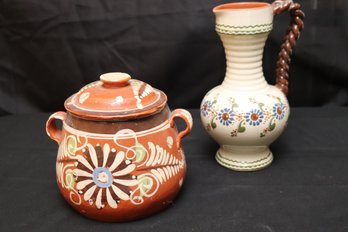 Two Vintage Hand Painted Terracotta Items, With A Jar And Jug.