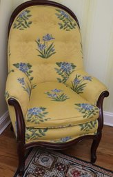 Antique French Style Wood Armchair With Custom Yellow And Floral Upholstery