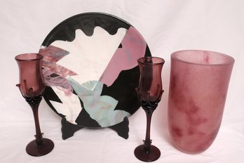 Abstract, Glazed Ceramic Decorative Plate, Amethyst Glass Candlesticks, And Ruby Fusion Translucent Art Glass