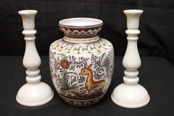 Lovely Hand Painted Vase And White Candlesticks Made In Portugal.