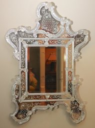 Gorgeous Venetian Glass Mirror With Etched Detail And Floral Accents