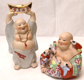 Two Painted Porcelains Happy Buddhas, One With Gold Ingot