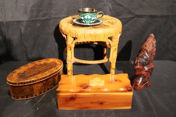 Asian Style Collectibles Include A Mini Bamboo Stool, Wood Box And Polished Marble Figure