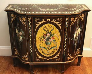 Gorgeous Stenciled French Style Boulle Veneer Cabinet With A Crackle Finish