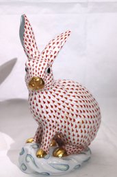 Herend Porcelain Large Sitting Rabbit In Orange Fishnet Design