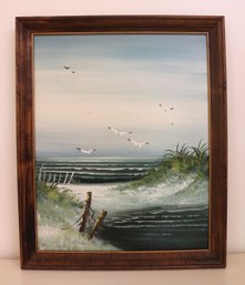 Framed Seacoast Painting With Sand Dunes And Seagull