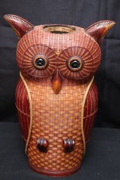 Vintage Mid- Century Handcrafted Owl Vase Made Of Finely Woven Rattan.