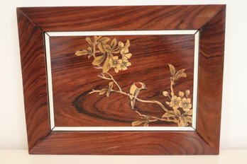 Lovely Inlaid Wood Framed Panel Of Bird On Floral Tree Branch
