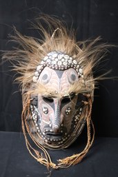 Vintage Hand Painted And Shell Decorated Papua New Guinea Mask With Feather And Twine Adornment.