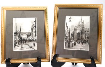 Pair Of Original Ink Wash Paintings By Robert Turnbull Includes Collingwood Street & New Castle Quay