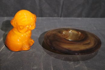 Amber Tone Candle Holder And Glass Puppy Figurine