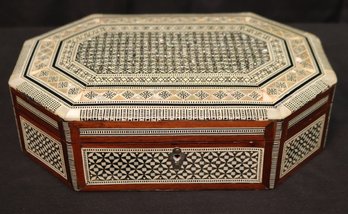 Vintage Mother Of Pearl/ Shell Inlaid Wood Octagonal Trinket Box