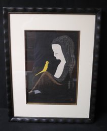 Kaoru Kawano Stamped Woodblock Print, Woman And Yellow Bird Framed.