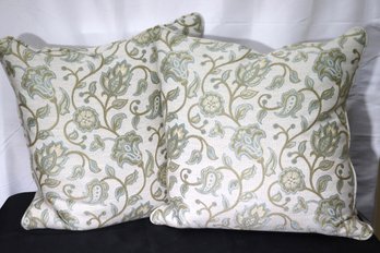 Pair Of Custom Designed Throw Pillows With Down Filled Cushions And Sage Green Floral Vines.