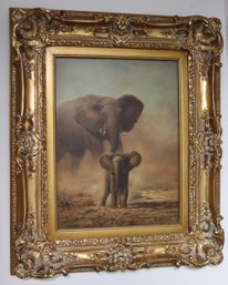 Framed Painting On Board Of Mother With Baby Elephant Signed By Artist D. Arthur