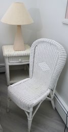 White Wicker, Nightstand, Side Chair, And Modern Table Lamp