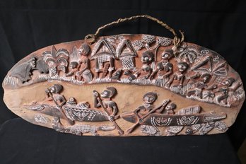 Large Papua New Guinea Carved And Painted Wooden Story Board Wall Hanging Of Ceremonial Celebration.