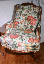 Fine Quality French Louis XV Carved Wood Floral 1 Of 2 Bergere Arm Chair With Custom Linen Fabric