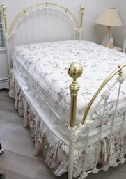 Romantic White Metal Full Size Headboard & Footboard With Brass Highlights