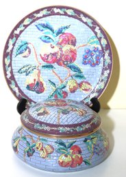 Vintage Painted Mosaic Tile Style Bowl With Lid & Matching Plate With Hanging Fruit Design
