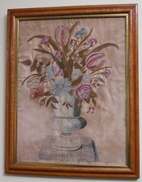 Vintage Floral Bouquet Still Life Embroidery On Silk