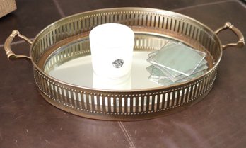 Arteriors Home Mirrored Brass Tray, 6 Pressed Glass Coasters & Candle.