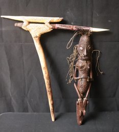 Papua New Guinea Carved And Decorated Axe With Bone Tip And Ceremonial Carving Of Woman With Shell Eyes