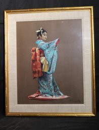 Odori Japanese Dancer Geisha Framed Pastel By F. Bionde PSA In Linen Matted Frame Oils And Pastels