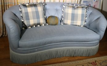 Custom Light Sky Blue Tufted Kidney Shape Sofa From Furniture Masters Includes Decorative Silk Pillows