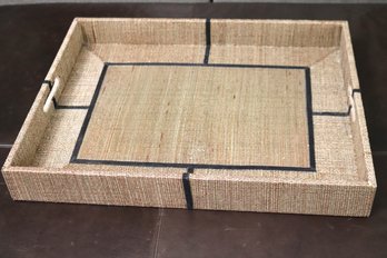 Vintage Grass Cloth Tray With Woven Trim And Handles Holes.