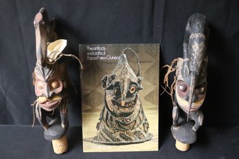 Two Vintage, Hand Carved Wooden Artifacts, Or Flute Stoppers, From Papua New Guinea With Book.