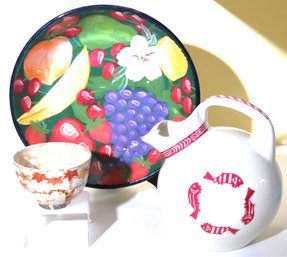 Hand Painted Fruit Bowl Signed On The Bottom Includes Dvron New Castle USA Pipestone Pitcher And More.