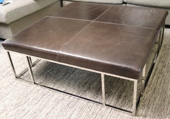 Mitchell Gold Large Square Coffee Table With Rich Dark Brown Leather Top And Chrome Legs