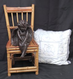 Decorative Vintage Kids Size Pegged Wood Bamboo Style Wood Chair Includes A Decorative Resin Cherub Garden Sta