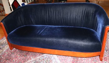 Vintage English Style Sofa With Curved Wood Frame And Navy Mohair Fabric