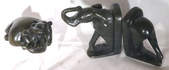 Hand Carved Stone Elephant Bookends From South Africa Includes Carved Stone Hippo