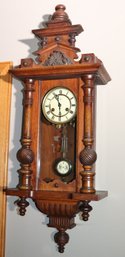 Antique German Wall Clock With Carved Wood Case & Enamel Face