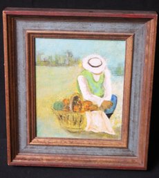 Small Oil On Board Painting Of Man With Fruit Basket, Signed Tanna.