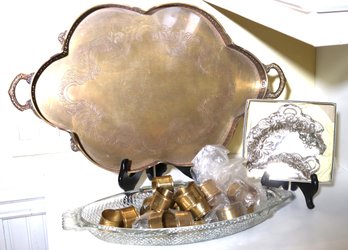 Glass Bake Fish Platter, Napkin Rings & Engraved Brass Tray With Handles & Crumb Sweep