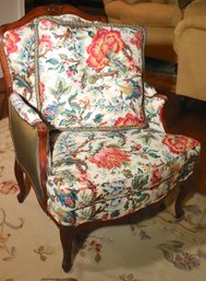 Fine Quality French Louis XV Carved Wood Floral Oak Bergere Arm Chair With Custom Linen Fabric
